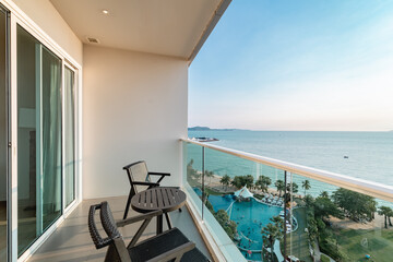 Romantic summer vacation view. Luxury travel balcony with ocean view. holiday destination