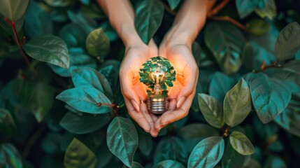 Female hands holding lightbulb decorated with green leaves. Concept of ecology, green power, saving the planet and eco-friendly living