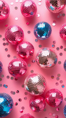 Colorful pink blue orange disco mirror balls reflecting vibrant light creating glossy festive decor perfect for modern retro party celebrations with playful chic atmosphere and fun abstract pattern