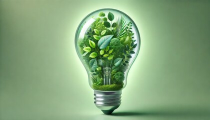 Light Bulb Filled with Green Leaves and Plants Symbolizing Renewable Energy and Sustainable Innovation