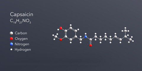 capsaicin molecule 3d rendering, flat molecular structure with chemical formula and atoms color coding