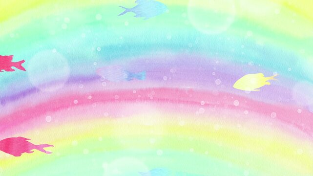 虹の海とレインボーカラーの魚達のループアニメーション。魚の色が移り変わっていく楽しい映像。