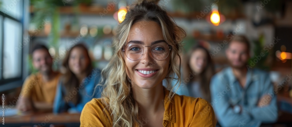 Sticker Smiling Woman in Glasses with Blurry Background