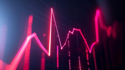 Glowing Abstract minimalistic financial graph with uptrend line and bar chart of stock market on black background