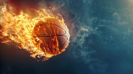 Fototapeta premium Flying basketball on fire, basketball with flames illustration with copy space for text.