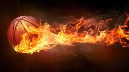 Flying basketball on fire, basketball with flames illustration with copy space for text.