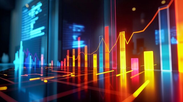 Business candle stick graph investment and chart of stock market. Investment trading on black background with numbers and info. Bullish point, trends of graphs and business.