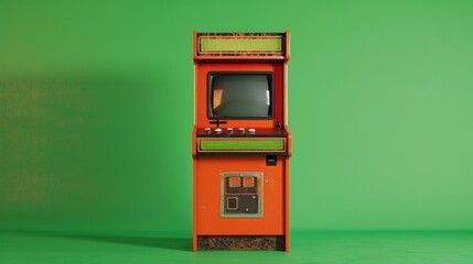 Front shot of a classic retro gaming arcade machine on green background with copy space for text