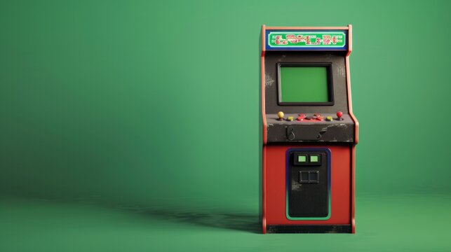 Front shot of a classic retro gaming arcade machine on green background with copy space for text