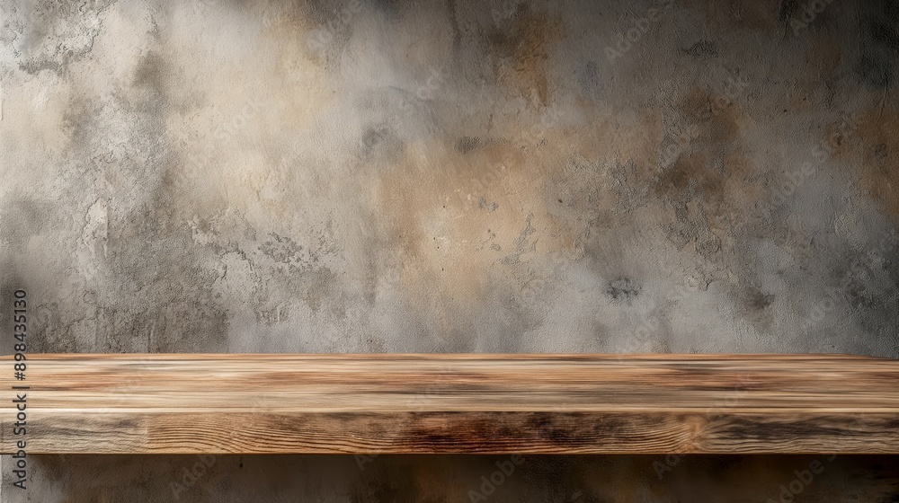Fototapete Brown empty Wooden Table and old grunge Plaster Wall with sunlight rays from window background - empty place for product placement and design mock up. Wooden tabletop and soft sunlight
