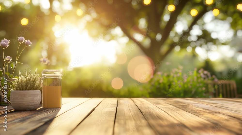 Poster wooden table with a blurred background of an outdoor summer park with evening sun and trees. wooden 