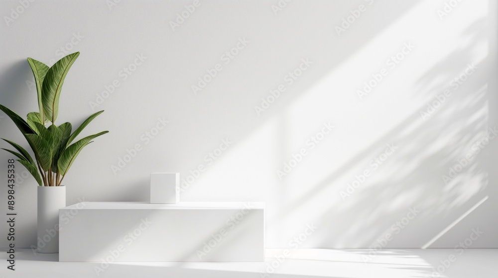 Poster white interior room with empty space - empty white room with white podium table and plant, empty whi