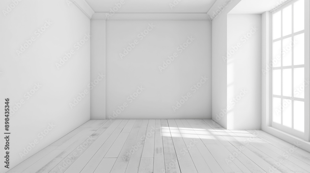 Poster empty white room with window light and white wooden floor, empty abstract small room with white wall