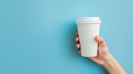 hand holding a white disposable takeaway paper coffee cup on blue background,. Close up, mockup image, copy space for text, generative ai