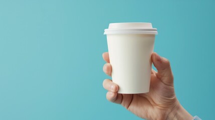 hand holding a white disposable takeaway paper coffee cup on blue background,. Close up, mockup image, copy space for text, generative ai
