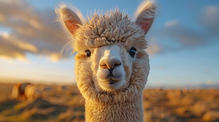Obraz premium Alpaca portrait, fluffy fur, big expressive eyes, cute animal face, light beige coat, perked ears, curious expression, blue sky background, wildlife photography, farm animal.