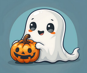 Cute Halloween ghost holding pumpkin cartoon illustration, Cute Ghost Trick or Treat Halloween 3d Render
