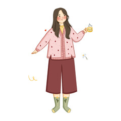 people - a girl in sweater and warm cozy socks holding a cup of hot tea