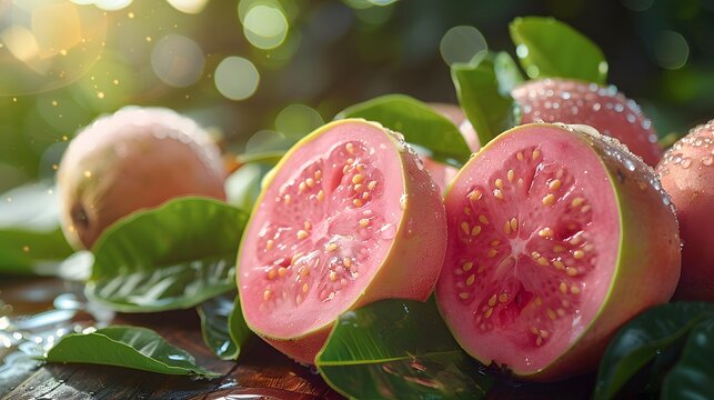 Bright, vibrant guava fruits, cut open guava, pink flesh, seeds visible, green leaves, wooden surface, macro photography, high detail, shallow depth of field.
