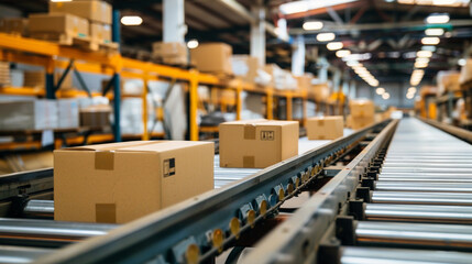 packages on conveyor belt in warehouse