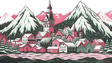 Fototapeta premium color engraving of colorful village in European-style amidst snowy mountains,color engraving,modern,European,snowy mountains,postcard,greeting card,card,colorful village,winter