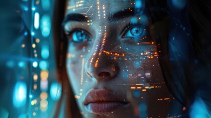 A woman's face with city lights reflected in her eyes, creating a futuristic and ethereal aesthetic.