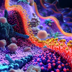 Obraz premium Abstract representation of cellular structures, showcasing the vibrant and intricate details of biological cells