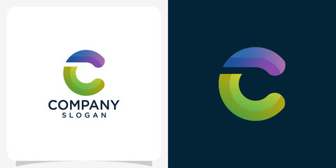 Initial lowercase letter c, curve rounded logo, gradient vibrant colorful glossy colors on black background