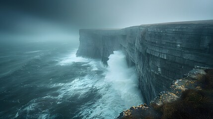 Dramatic coastal cliffs, turbulent ocean waves, rugged rocky shoreline, stormy sky, ominous dark clouds, moody seascape, crashing surf, jagged rock formations.