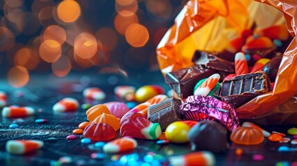 Naklejka premium Colorful assorted candies and chocolates in a plastic bag with bokeh lights. Concept of sweets, confections, treats, celebrations