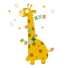Bright giraffe with colored birthday flags on a white background