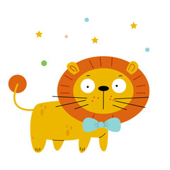 funny little lion with a butterfly and bright confetti on a white background