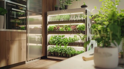 A modern kitchen with an indoor garden featuring multiple levels of leafy plants growing under artificial light.