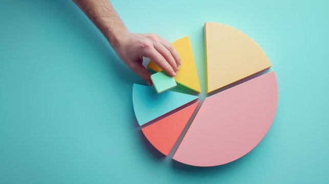 hand placing a block in a circular 3d pie chart on a light background with copy space. Representing data analysis, business strategy, market segmentation. Concept for presentations and infographics.