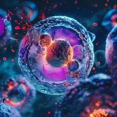 Microscopic view of a cell undergoing mitosis, illustrating the process of cell division and replication.