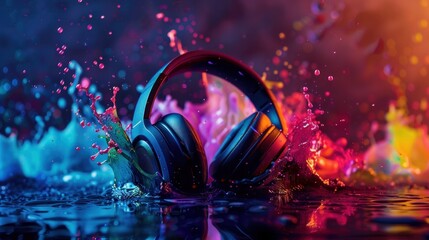headphones with colorful splash background