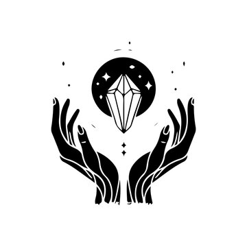 recommend clip art: Magic crystal gem with crescent moon and stars in witch hands of fortune teller line art and dot work. Boho chic tattoo, poster or altar veil print design vector illustration