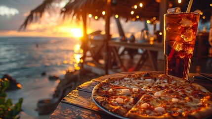 Obraz premium Golden hour sunset, beachside restaurant, pizza on a plate, glass of cola with ice, warm ambient lighting, soft bokeh background, ocean view, palm trees silhouette.