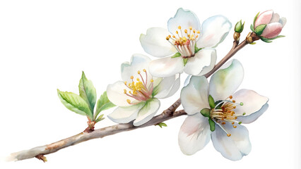 Obraz premium White flowers on a branch isolated on a white background, watercolor