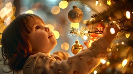 Young child reaching to hang an ornament on a Christmas tree. Concept of childhood wonder, festive decoration, holiday joy, and family traditions