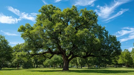Mature tree in sunny park with blue sky