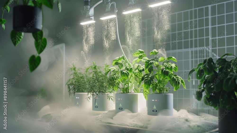Poster a close-up of three plants in white pots, illuminated by artificial lights. the plants are being mis