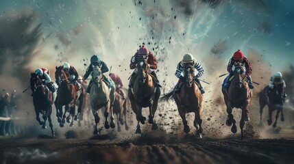 Horse racing front view, Jockeys and horses fight to take the lead in the last curve, horse racing poster, gambling, betting concept