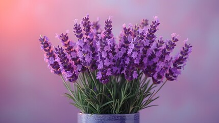 Fototapeta premium Lavender bouquet, vibrant purple flowers, green stems, gradient light purple background, minimalist composition, flat lay, high contrast, macro details.