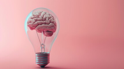 Human brain inside the electric light bulb isolated on pastel background, Creative thinking, inspiration. Innovation, innovative technology, idea, Problem solving concept, copy space for text