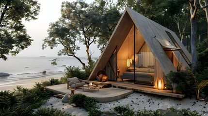 A serene coastal retreat features a contemporary A-frame cabin nestled among lush greenery, with a stunning view of the beach and tranquil waters. 