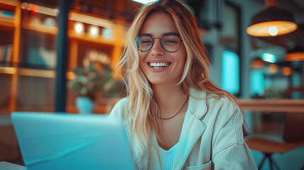 Young and beautiful business woman, using a laptop, working in a modern office