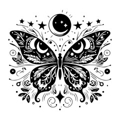 Bohemian Celestial  butterfly tattoo, Silhouette Mystical occult symbols moth illustration.