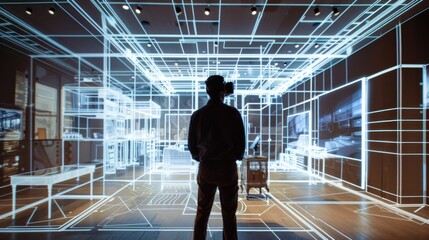 Obraz premium Innovative architect crafts virtual reality Building construction room, furniture designs cutting edge computer aided architecture, redefining interior spaces intricate plans on the digital screen