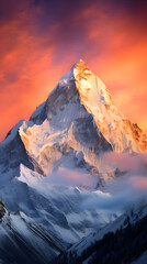 Serene Sunset over Snow-Covered Peaks: A Majestic Display of Nature's Splendor
